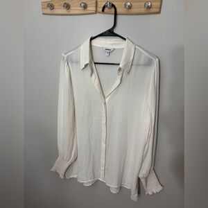 Express White V-Neck Button-Up Blouse w/ Smocked Cuffs - Size L